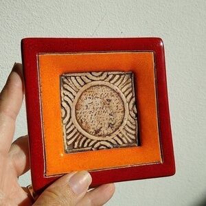 Italian Style Pottery Trinket Dish Handmade .4 1/8" Orange, Red, Tan, MSM